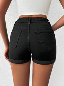 EURMUSE Roll Up Hem Denim Shorts - Black - View 2