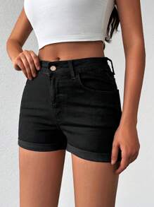 EURMUSE Roll Up Hem Denim Shorts - Black - View 6
