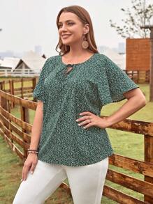EMERY ROSE Plus Plant Print Tie Neck Butterfly Sleeve Blouse - Green - View 4