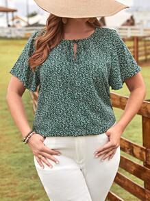 EMERY ROSE Plus Plant Print Tie Neck Butterfly Sleeve Blouse - Green - View 6