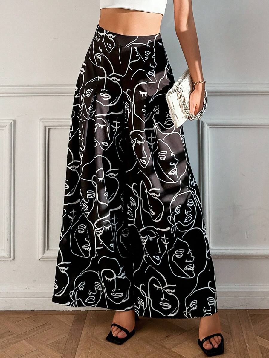 SHEIN Privé 抽象人物圖案闊腿褲 - 黑色 - 查看 1