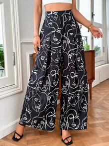 SHEIN Privé 抽象人物圖案闊腿褲 - 黑色 - 查看 4