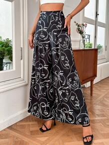 SHEIN Privé 抽象人物圖案闊腿褲 - 黑色 - 查看 5