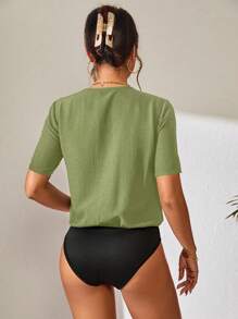 SHEIN LUNE 休閒前紐扣純色女士連體衣 - 綠色 - 查看 2