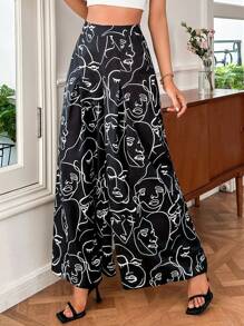 SHEIN Privé 抽象人物圖案闊腿褲 - 黑色 - 查看 3