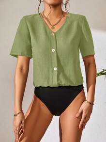 SHEIN LUNE 休閒前紐扣純色女士連體衣 - 綠色 - 查看 3