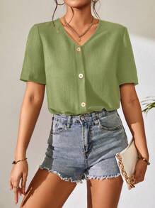 SHEIN LUNE 休閒前紐扣純色女士連體衣 - 綠色 - 查看 4