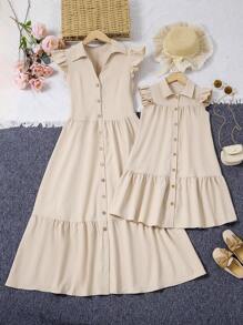 Tween Girl 1 件式飄袖荷葉邊下擺紐扣前罩衫連身裙 - 卡其色 - 查看 4