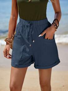 EMERY ROSE Quần đùi nữ Dây kéo Túi màu trơn Giải trí - Màu xanh hải quân - Xem 3