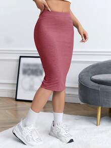 SHEIN EZwear Falda de lápiz unicolor tejido de canalé - Color caoba - Ver 5