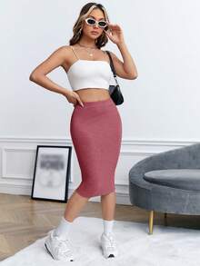 SHEIN EZwear Falda de lápiz unicolor tejido de canalé - Color caoba - Ver 6