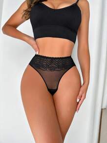 Contrast Lace Mesh Panty - Black - View 4