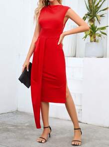 SHEIN Privé Vestido de cuello alto de muslo con abertura - Rojo - Ver 4