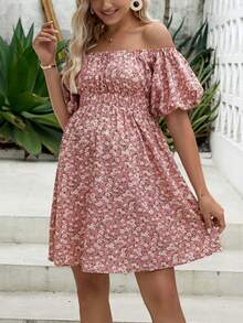 SHEIN 孕婦碎花一字肩泡泡袖洋裝