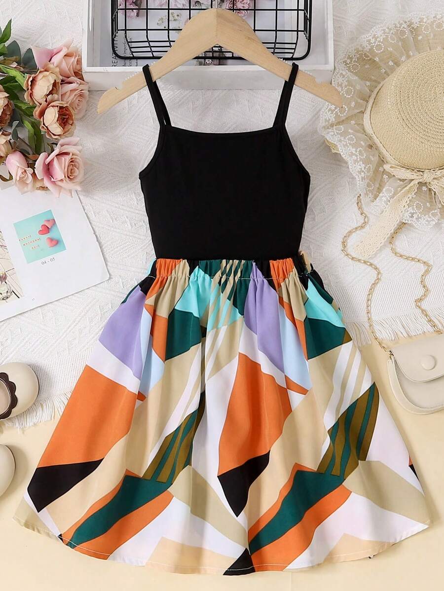 SHEIN 女孩素色吊帶上衣和幾何印花半身裙 - 彩色 - 查看 1
