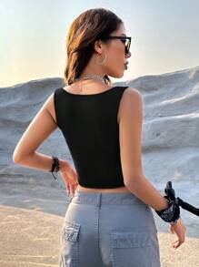 SHEIN EZwear Solid Asymmetrical Hem Tank Top - Black - View 2