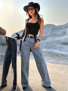 SHEIN EZwear Solid Asymmetrical Hem Tank Top - Black - View 5