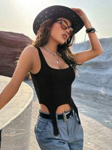 SHEIN EZwear Solid Asymmetrical Hem Tank Top - Black - View 6