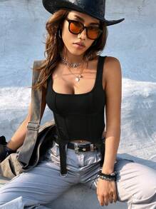 SHEIN EZwear Solid Asymmetrical Hem Tank Top - Black - View 7