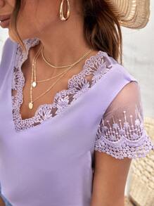 SHEIN Frenchy Contrast Embroidery Mesh V Neck Blouse - Mauve Purple - View 3