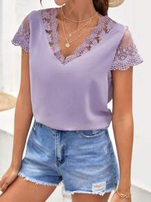 SHEIN Frenchy Contrast Embroidery Mesh V Neck Blouse - Mauve Purple - View 5