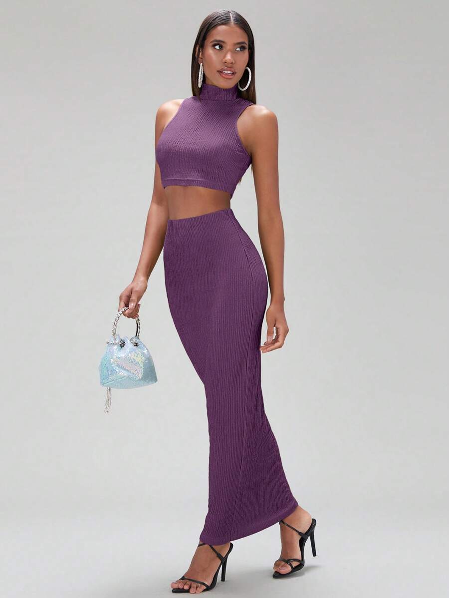 SHEIN BAE 高領背心上衣和鉛筆裙 - 淡紫色 - 查看 1