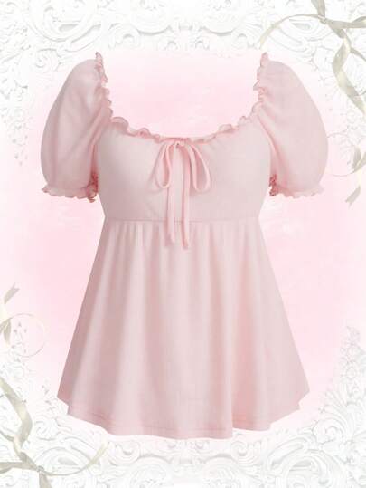 Kawaii Frill Trim Knot Front Babydoll Tee, School