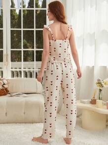 Heart Print Ruffle Trim PJ Set / Pajama Set - Beige - View 2