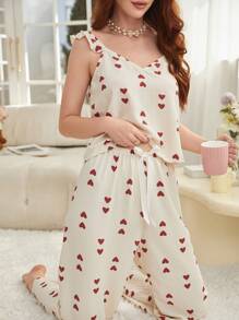 Heart Print Ruffle Trim PJ Set / Pajama Set - Beige - View 4