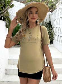 SHEIN Maternity Floral & Slogan Graphic Tee - Lime Green - View 1