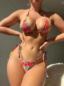 大理石圖案掛脖三角杯比基尼泳裝 - 彩色 - 查看 7