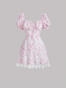 SHEIN MOD 碎花網紗拼接刺繡胸部褶皺泡泡袖荷葉邊連衣裙 - 淺粉色 - 查看 1