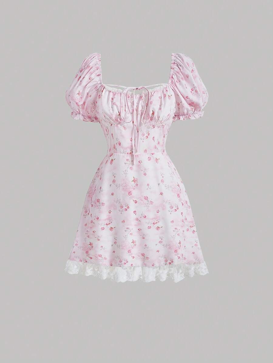 SHEIN MOD 碎花網紗拼接刺繡胸部褶皺泡泡袖荷葉邊連衣裙 - 淺粉色 - 查看 1