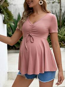 SHEIN Maternity Ruched Knot Front Peplum Tee - Dusty Pink - View 4