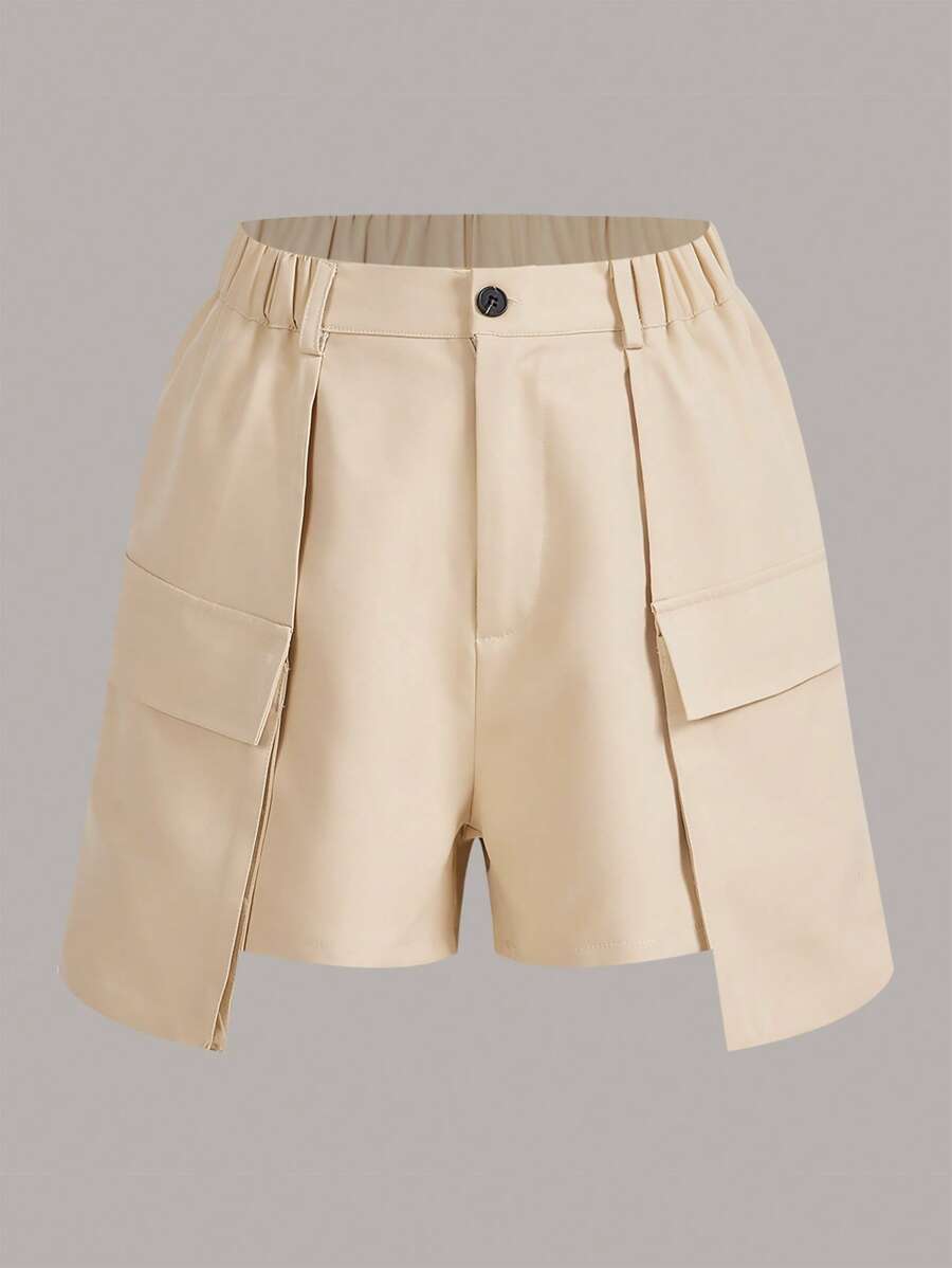 GENKIRA Flap Pocket Asymmetrical Hem Shorts - Khaki - View 1