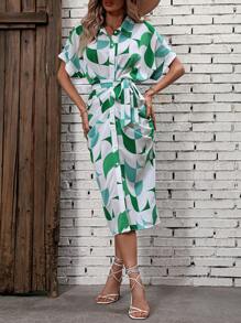 SHEIN LUNE 幾何印花蝙蝠袖腰帶襯衫連衣裙 - 綠色 - 查看 5