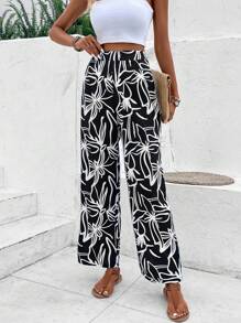 SHEIN VCAY 印花闊腿褲 - 黑色 - 查看 1