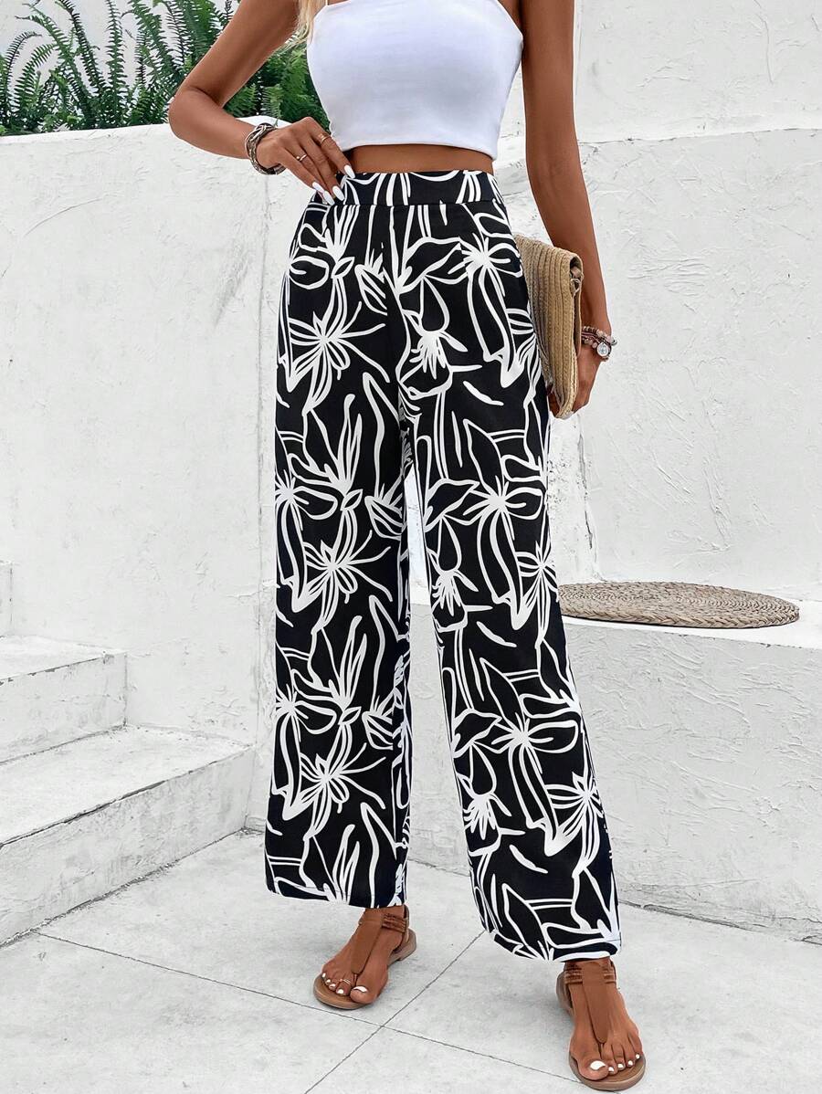 SHEIN VCAY 印花闊腿褲 - 黑色 - 查看 1