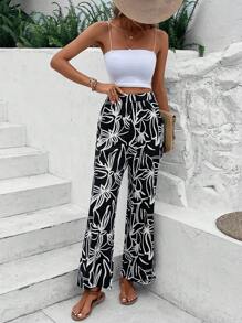 SHEIN VCAY 印花闊腿褲 - 黑色 - 查看 4