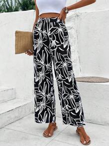 SHEIN VCAY 印花闊腿褲 - 黑色 - 查看 5