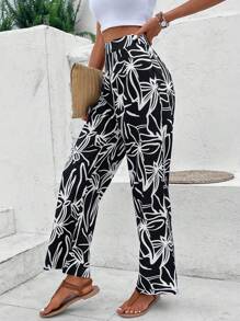 SHEIN VCAY 印花闊腿褲 - 黑色 - 查看 6