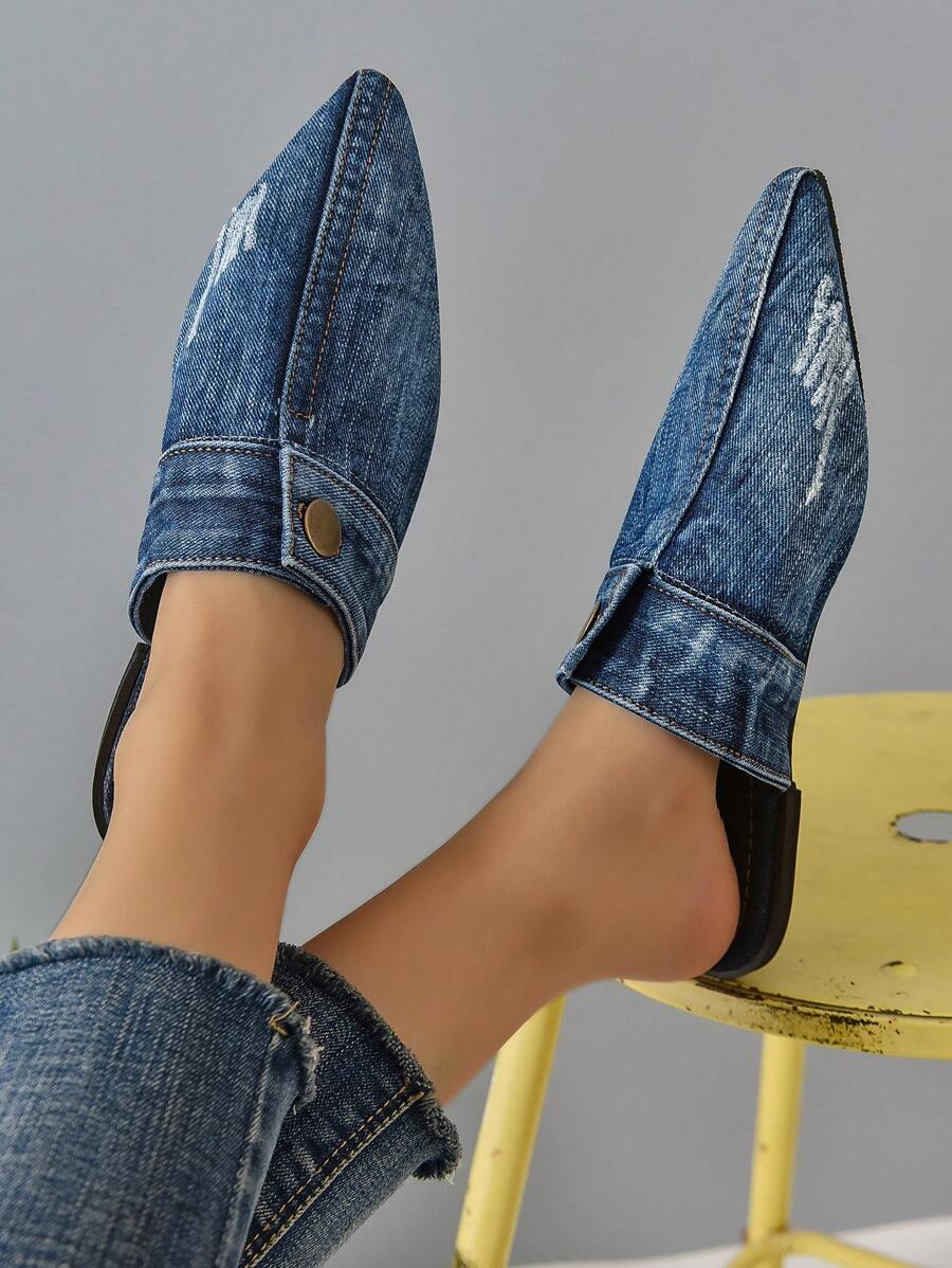 女士紐扣裝飾尖頭穆勒時尚帆布平底鞋 - 藍色 - 查看 1