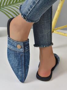 女士紐扣裝飾尖頭穆勒時尚帆布平底鞋 - 藍色 - 查看 2