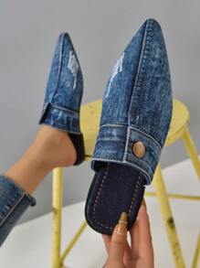 女士紐扣裝飾尖頭穆勒時尚帆布平底鞋 - 藍色 - 查看 4