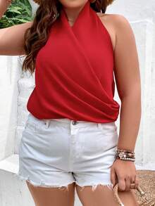 SHEIN Frenchy Plus Solid Wrap Halter Top - Red - View 3