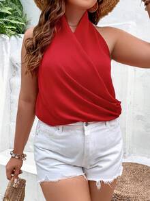 SHEIN Frenchy Plus Solid Wrap Halter Top - Red - View 4