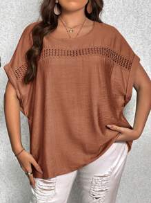 SHEIN LUNE Plus Contrast Lace Batwing Sleeve Blouse - Brown - View 1