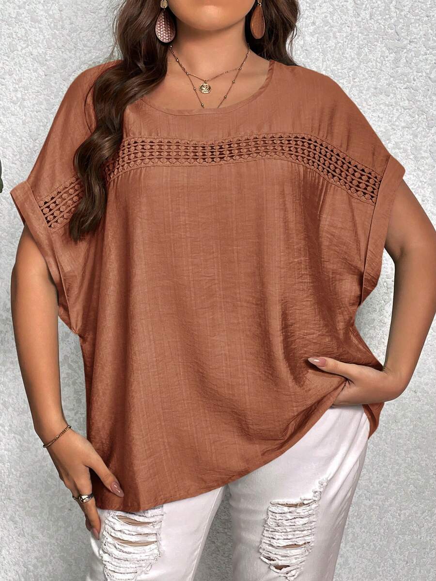 SHEIN LUNE Plus Contrast Lace Batwing Sleeve Blouse - Brown - View 1