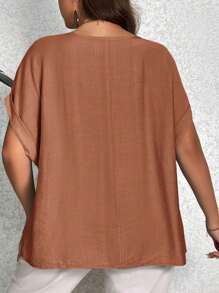 SHEIN LUNE Plus Contrast Lace Batwing Sleeve Blouse - Brown - View 2