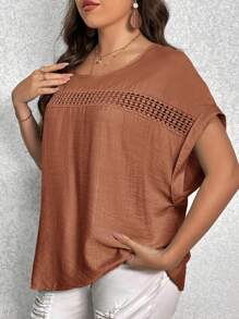 SHEIN LUNE Plus Contrast Lace Batwing Sleeve Blouse - Brown - View 4